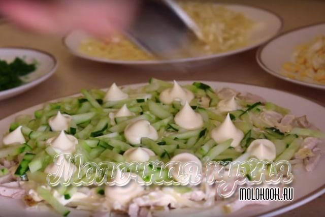 Слои курицы, маринованного лука, свежего огурца