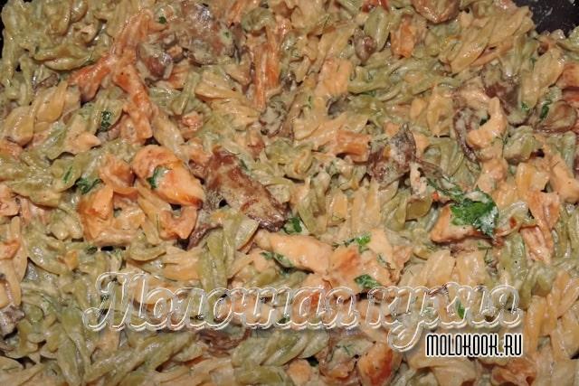Курица с грибами и макаронами в сливках