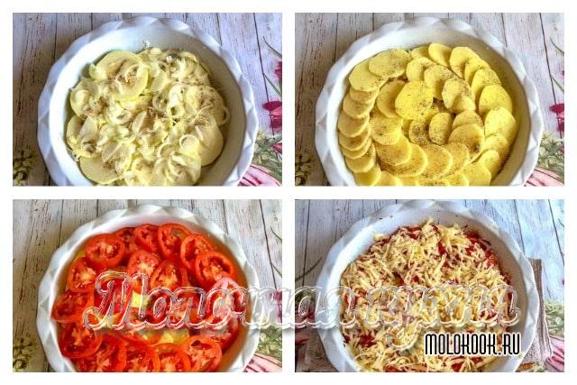 Выложить в форму, посыпать тертым сыром