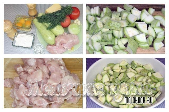 Нарезать кабачки и курицу