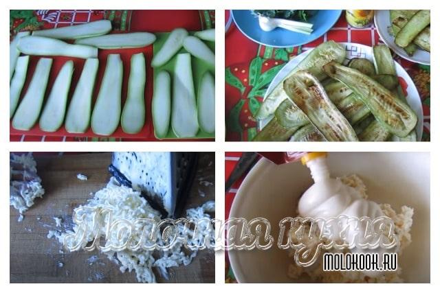 Нарезать кабачки полосками, запечь, приготовить сырную массу