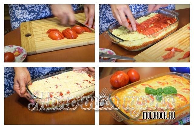 Выкладывание помидоров и запекание