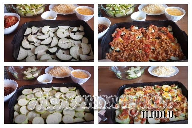 Баклажаны, мясной фарш и кабачки на противне