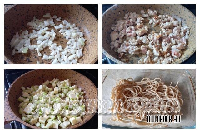Вареные макароны, обжарка фарша и кабачков