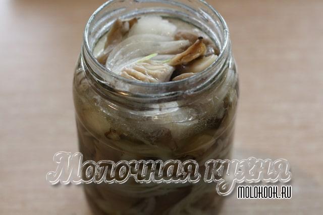 Выложить вешенки с луком в банку, залить маринадом