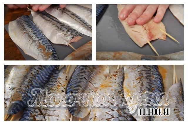 Насаживание на шпажки, смазывание маринадом
