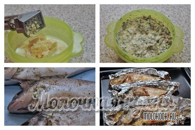Смешать сливки, сырок, грибы, укроп, заполнить брюшки и запечь