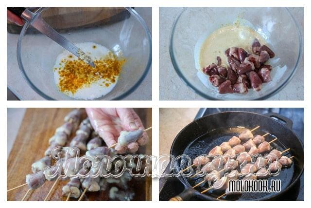 Приготовить маринад, замариновать сердца, насадить на шпажки и обжарить