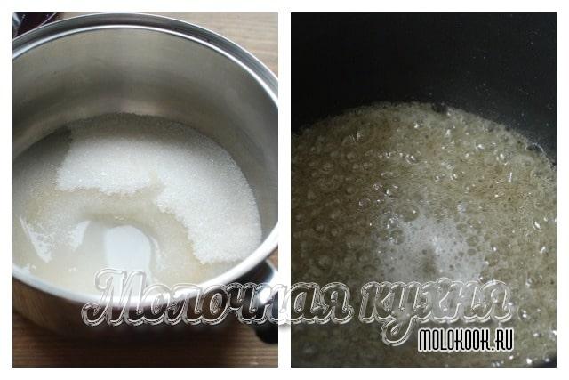 Залить сахар водой, варить сироп